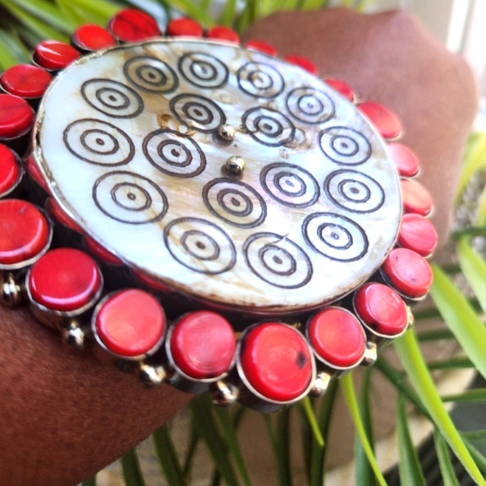 Boutique Item! Coral & Mother of Pearl Gemstone Encrusted Cuff Bracelet -Only 1!